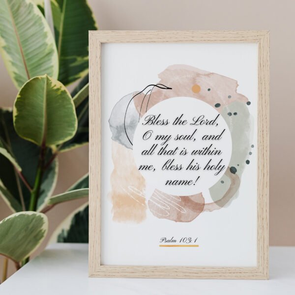 Psalm 103 Wall Art in a beigre frame, palm leaves next to it