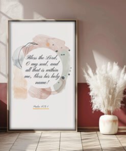 Psalm 103 Wall Art in grey frame placed in white and red room, white plant next to it