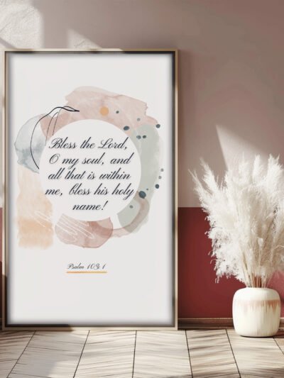 Psalm 103 Wall Art in grey frame placed in white and red room, white plant next to it