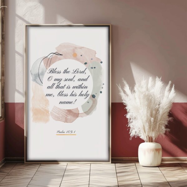 Psalm 103 Wall Art in grey frame placed in white and red room, white plant next to it