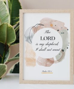 Psalm 23 Wall Art on the white table, palm next to it