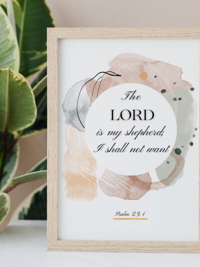 Psalm 23 Wall Art on the white table, palm next to it
