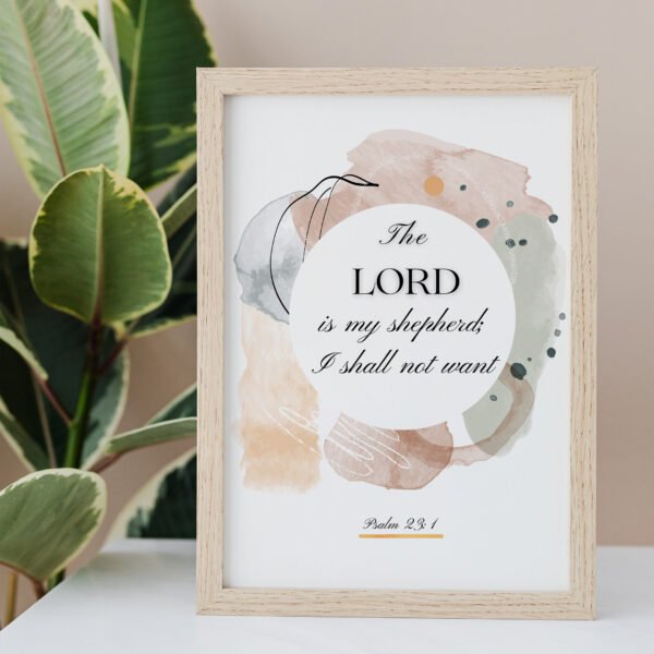 Psalm 23 Wall Art on the white table, palm next to it