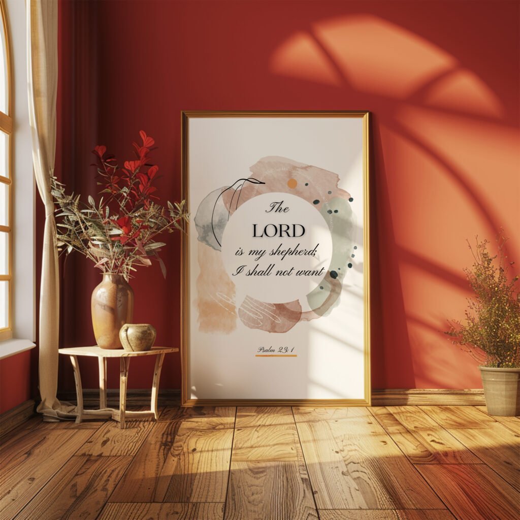 Psalm 23 Wall Art leaning in the red wall in a spacious room