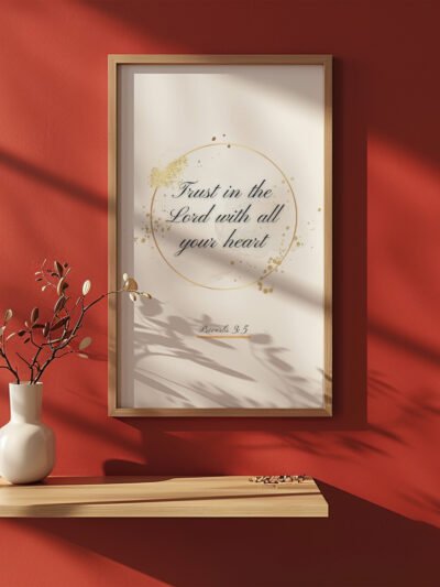 Trust in the Lord Wall Art on the red wall, ceramic vase with plants next to it