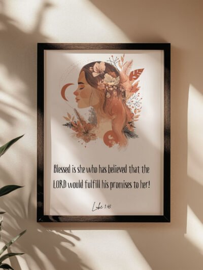 blessed woman wall art on the beige wall surrounded with palm leaves