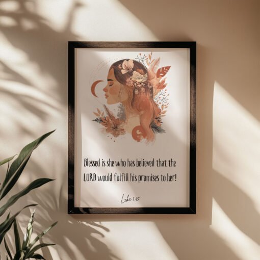 blessed woman wall art on the beige wall surrounded with palm leaves