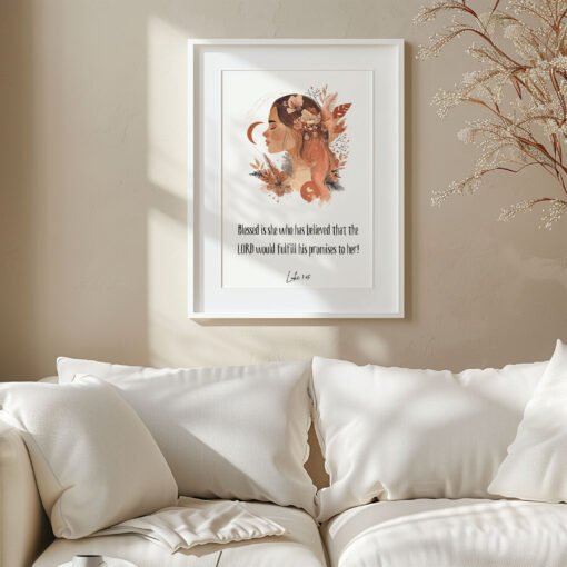 blessed woman wall art hung in a modern, white living room