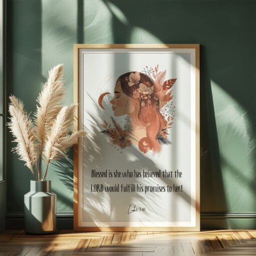 blessed woman wall art in a dark green room with yellow plants next to it