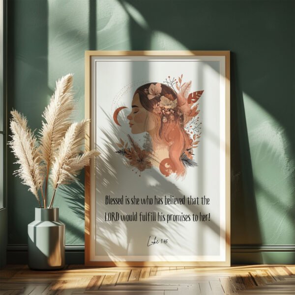blessed woman wall art in a dark green room with yellow plants next to it