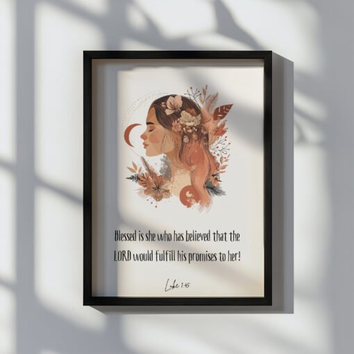 blessed woman wall art in a blak frame on the white wall