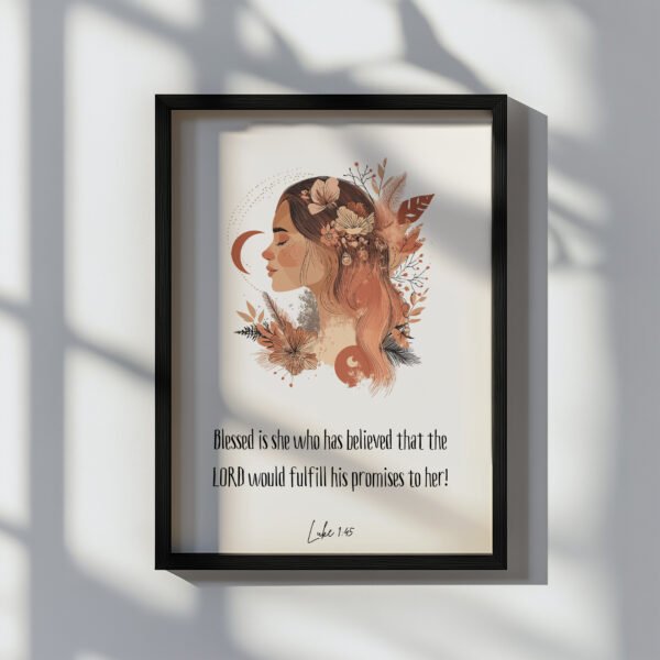 blessed woman wall art in a blak frame on the white wall