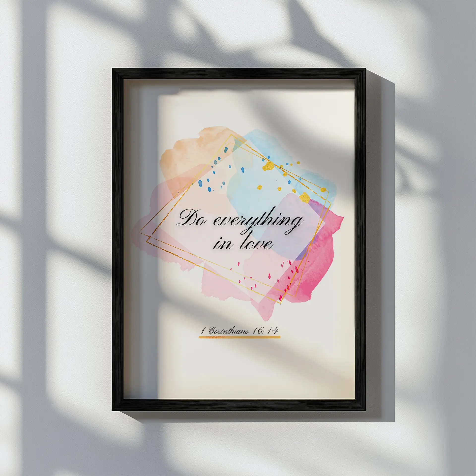 Framed wall art with 1 Corinthians 16:14 about doing everything in love
