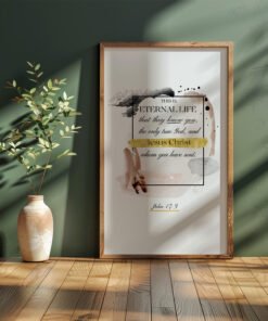 eternal life wall art in a beige frame in a room