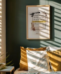 front view of eternal life wall art in a dark green room