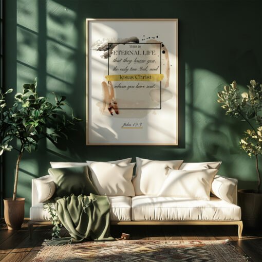 eternal life wall art hung in a dark gree living room above a sofa