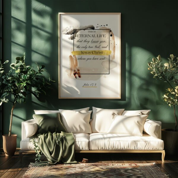 eternal life wall art hung in a dark gree living room above a sofa