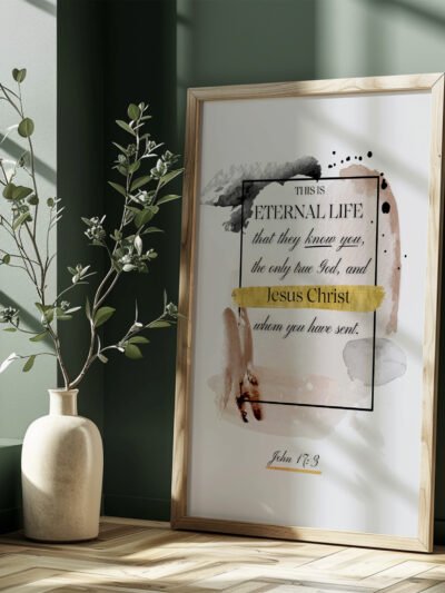 side view of eternal life wall art in a green room next to a window
