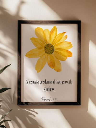 floral proverbs 31 wall art in a black frame on the beige wall