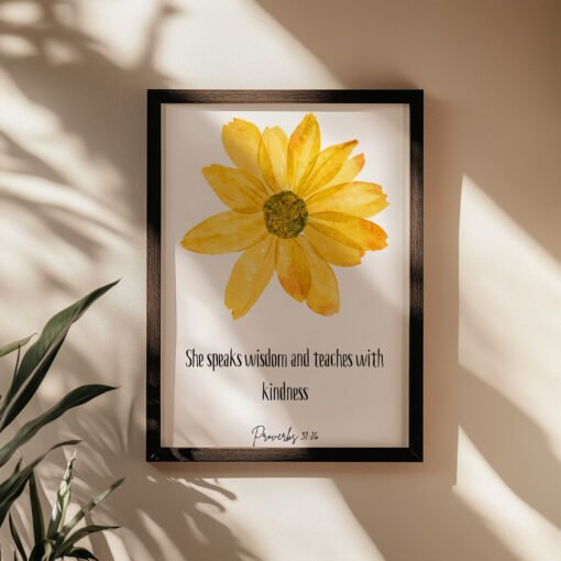 floral proverbs 31 wall art in a black frame on the beige wall