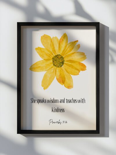 floral proverbs 31 wall art in a black frame on the white wall