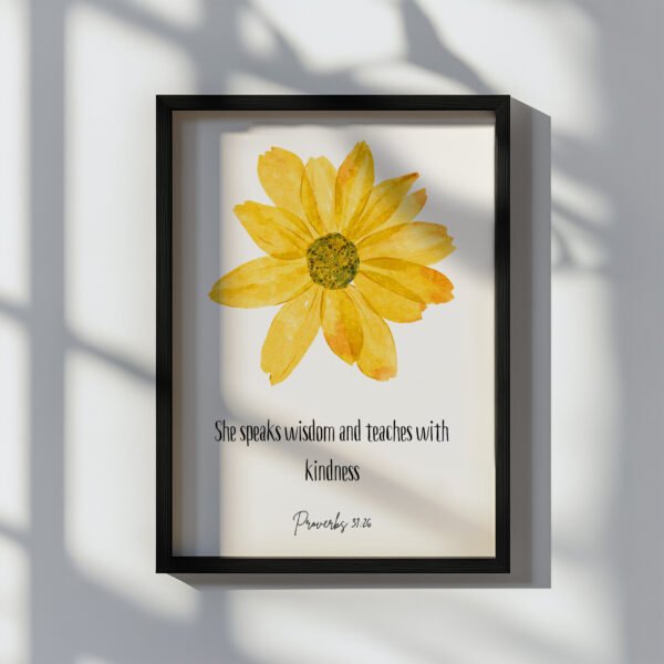 floral proverbs 31 wall art in a black frame on the white wall