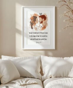 genesis biblical wall art hung in a white, minimalistic living room