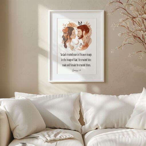 genesis biblical wall art hung in a white, minimalistic living room