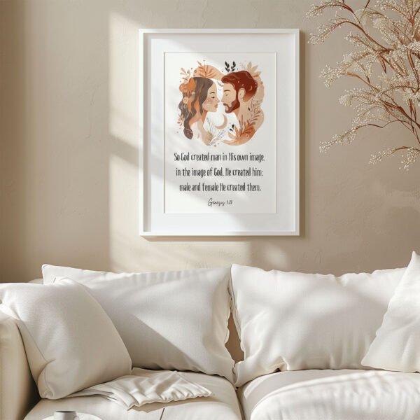 genesis biblical wall art hung in a white, minimalistic living room