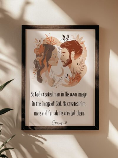 genesis biblical wall art hung on the beige wall