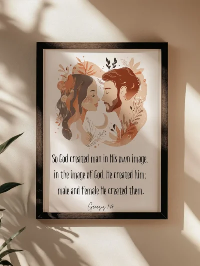 genesis biblical wall art hung on the beige wall