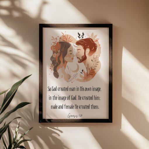 genesis biblical wall art hung on the beige wall