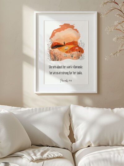 proverbs 31:26 wall art in a white frame hung o n the white wall above the white sofa