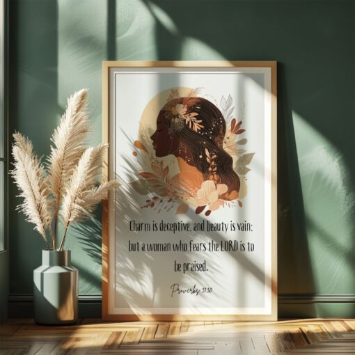 proverbs 31;30 wall art with a drawing of a woman on the green wall