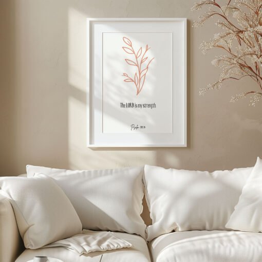 psalm 118 wall art in a white frame hung above a white sofa