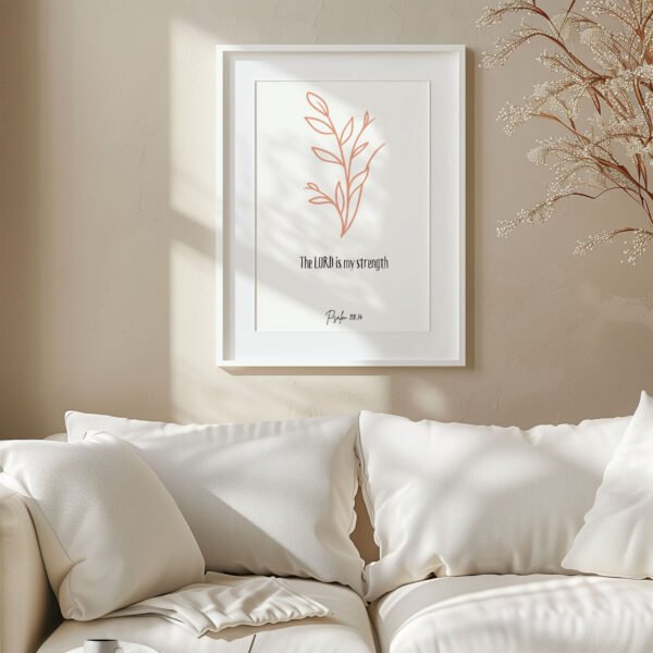psalm 118 wall art in a white frame hung above a white sofa