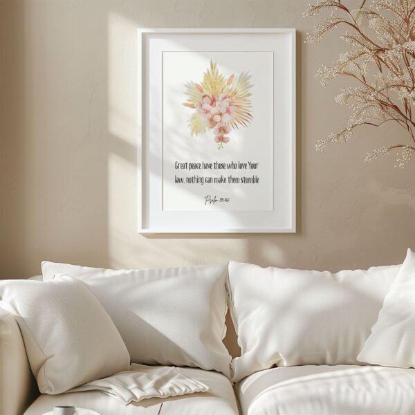 psalm 119 wall art in a white frame hung in a white living room