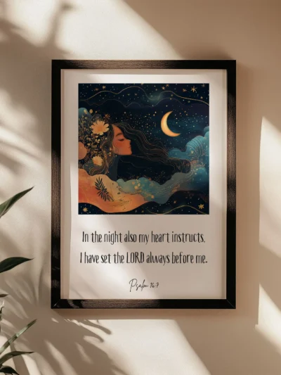 psalm 16 in a black frame on the beige wall