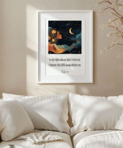 psalm 16 wall art with a drawing of a woman above a modern white sofa