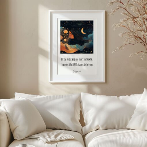 psalm 16 wall art with a drawing of a woman above a modern white sofa