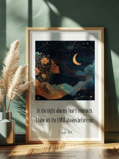 psalm 16 wall art lying in a dark room next to a vse with dried plants