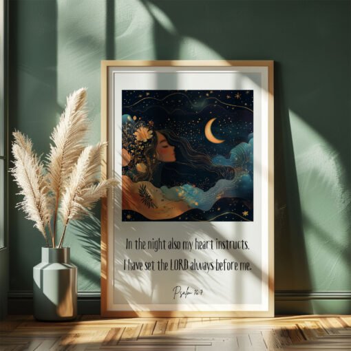 psalm 16 wall art lying in a dark room next to a vse with dried plants