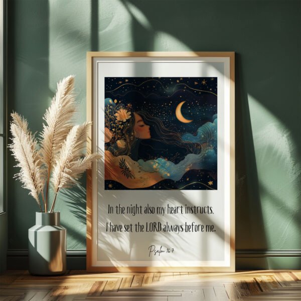 psalm 16 wall art lying in a dark room next to a vse with dried plants