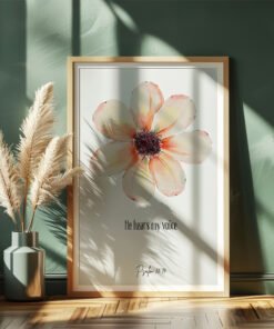 psalm 55 wall art leaning on a dark green wall, dried plants next to it