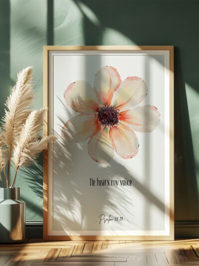 psalm 55 wall art leaning on a dark green wall, dried plants next to it