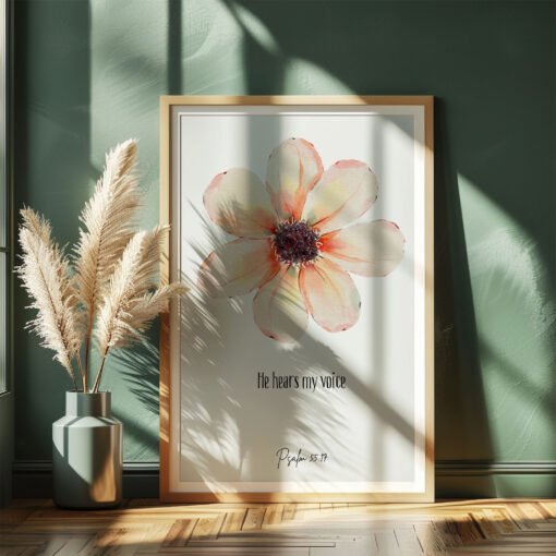 psalm 55 wall art leaning on a dark green wall, dried plants next to it