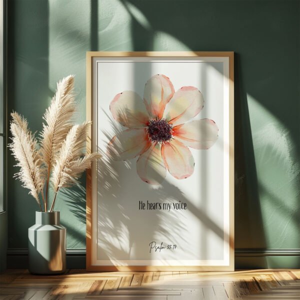 psalm 55 wall art leaning on a dark green wall, dried plants next to it