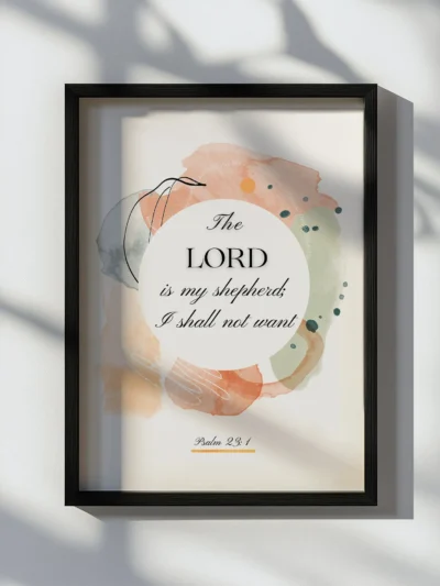 Framed wall art with Psalm 23:1 about the Lord as shepherd.