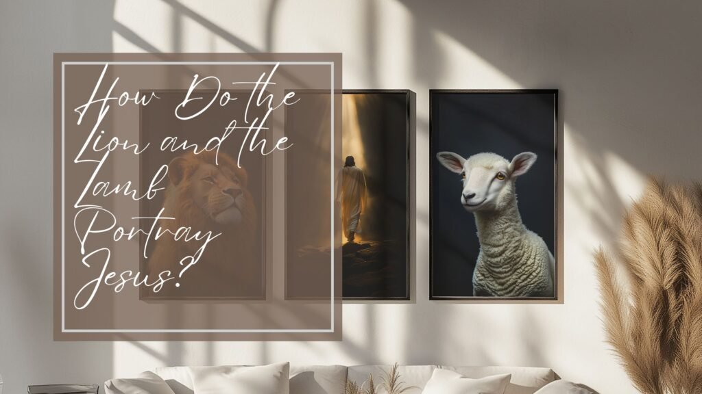 poster representing how do the lion and the lamb portray Jesus with three pieces of wall art on the white wall