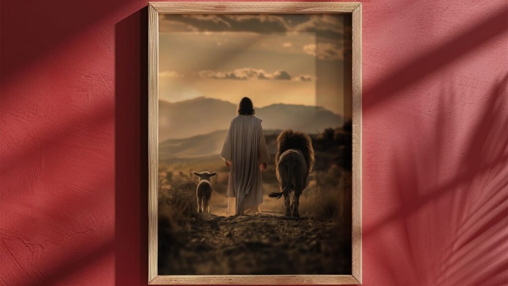 wall art shjowing Jesus walking along the lion and the lamb showing how do the lion and the lamb portray Jesus